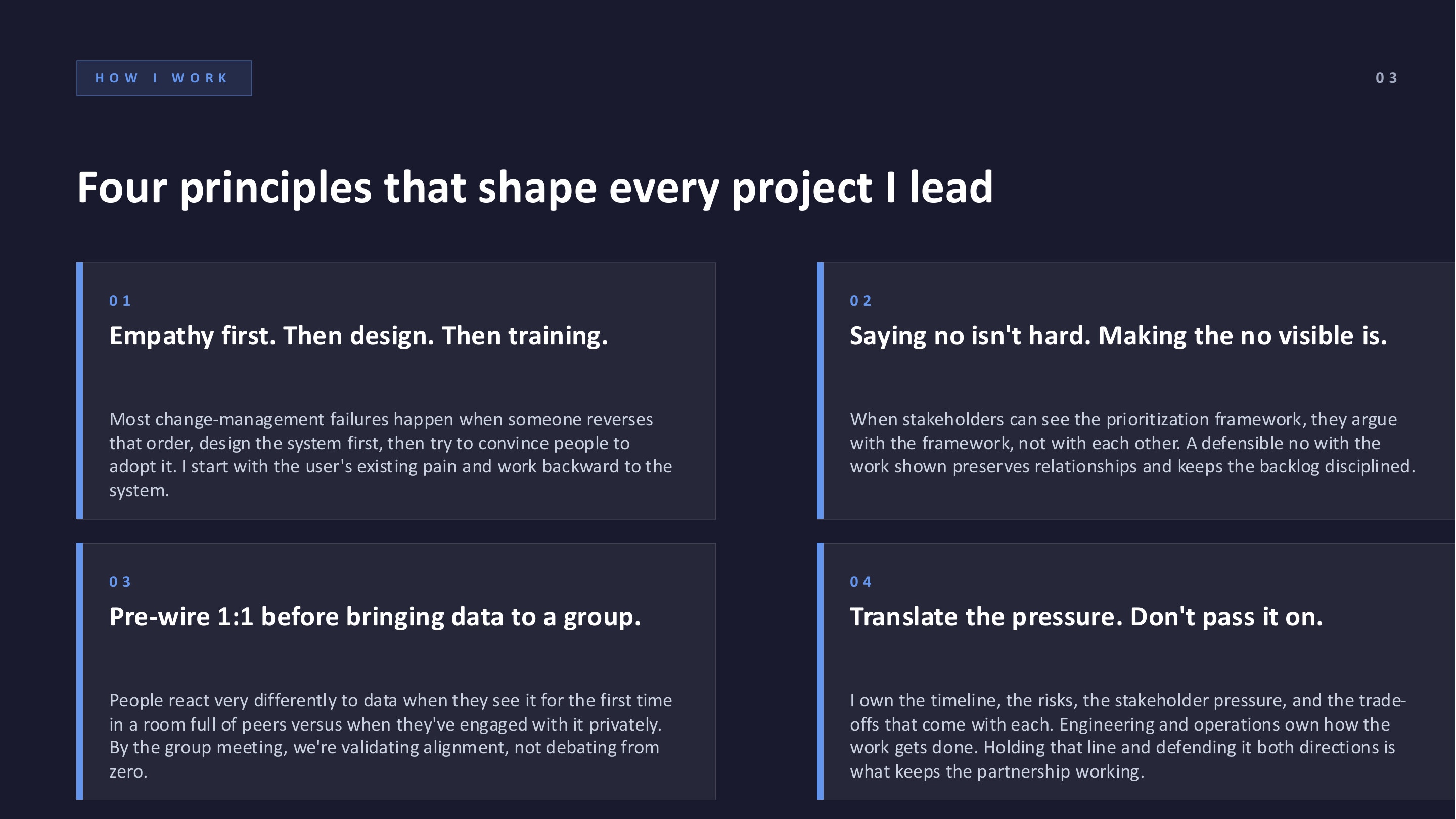 How I Work — four principles that shape every project